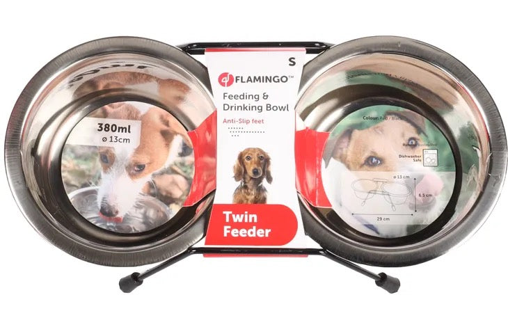 Gamelle Pour La Nourriture Et L'eau Duo Dinner Support Arjun Rouge & Argent & Noir 380 ML